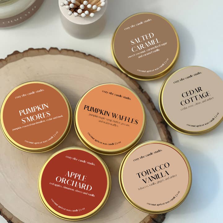 Cozyvibecandlestudio - Wholesale Travel candles - Cedar Cottage | Fall 2oz Travel Candle3