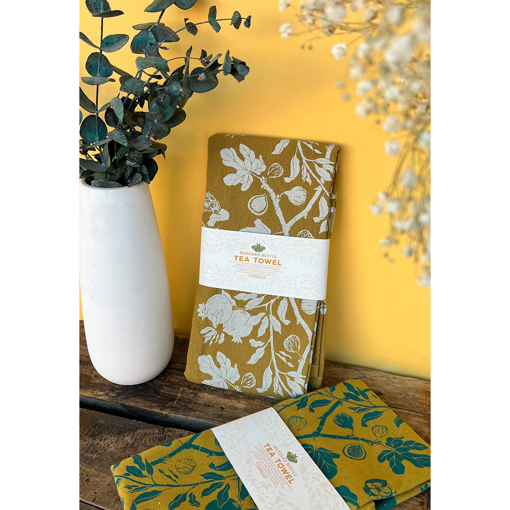 Mustard Beetle - Wholesale Tea Towel - Hand Dyed + Screenprinted Organic Cotton Tea Towel: Figs5
