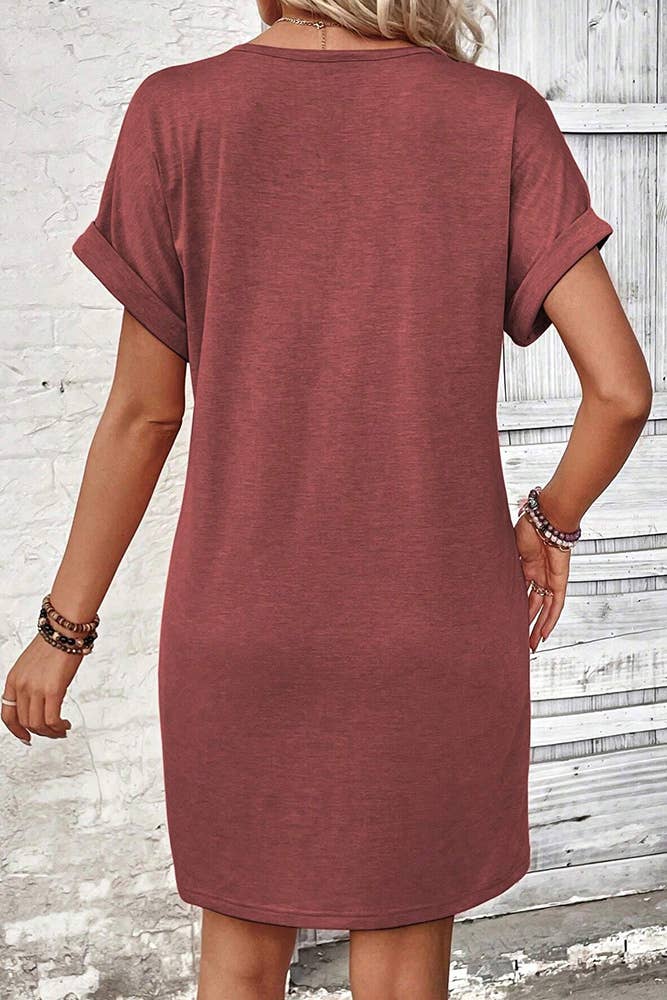 UNISHE - Wholesale Dress – Women's - Plain V Neck Buttoned Exposed Seam T-Shirt Dress AXR09511