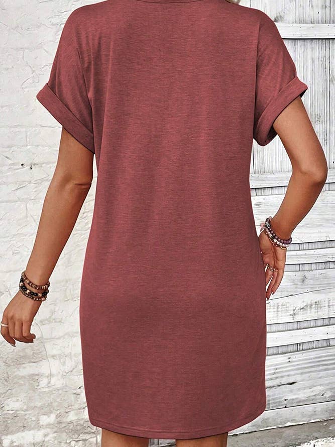 UNISHE - Wholesale Dress – Women's - Plain V Neck Buttoned Exposed Seam T-Shirt Dress AXR09511