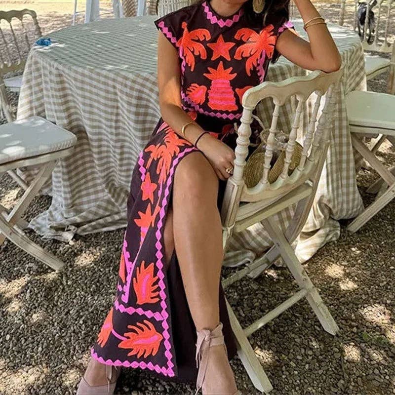 PRINTING Vintage Print Short Sleeve Top With Split Hem Skirt Set for wholesale on Faire3