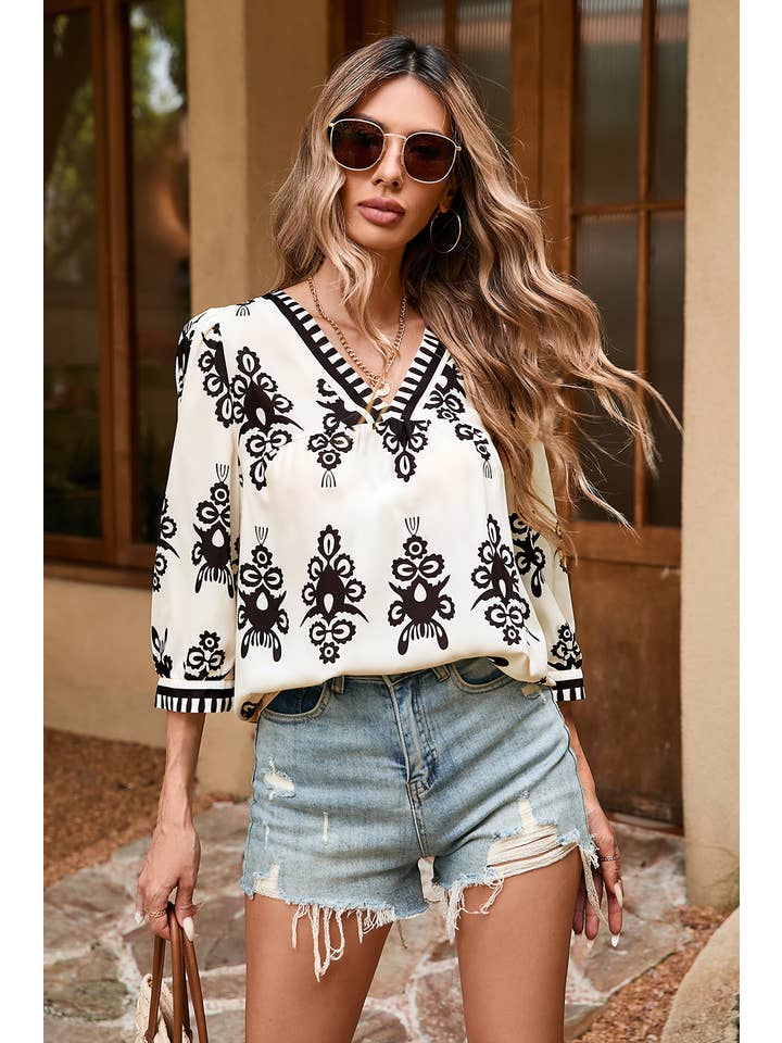 Little Daisy Closet - Wholesale Blouse - Women's - LDC Vintage Printed 3/4 Sleeve V Neck Blouse