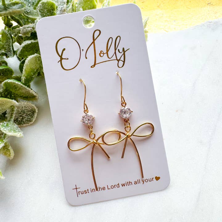 CZ Stone w/Gold Bow Knot Dangle Earrings “Beth” for wholesale by O’Lolly Jewelry