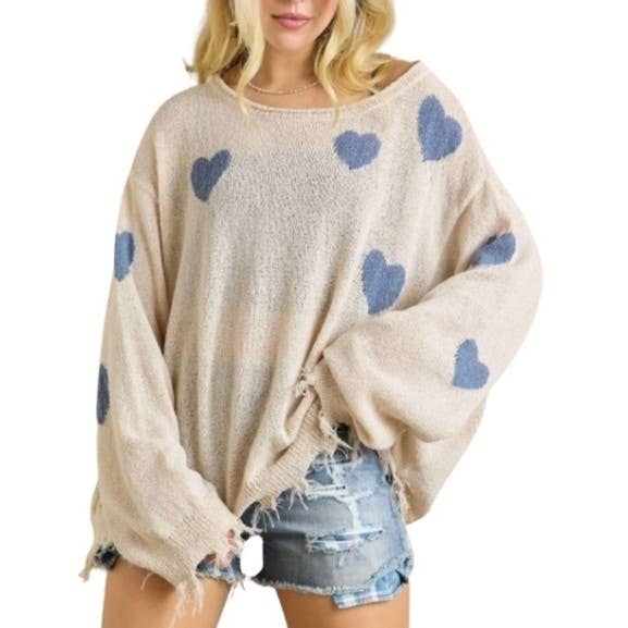 Blue Bunny Inc - Wholesale Knit Sweater - Women's - BOAT NECK LONG SLEEVE FRAYED TRIM HEART SWEATER