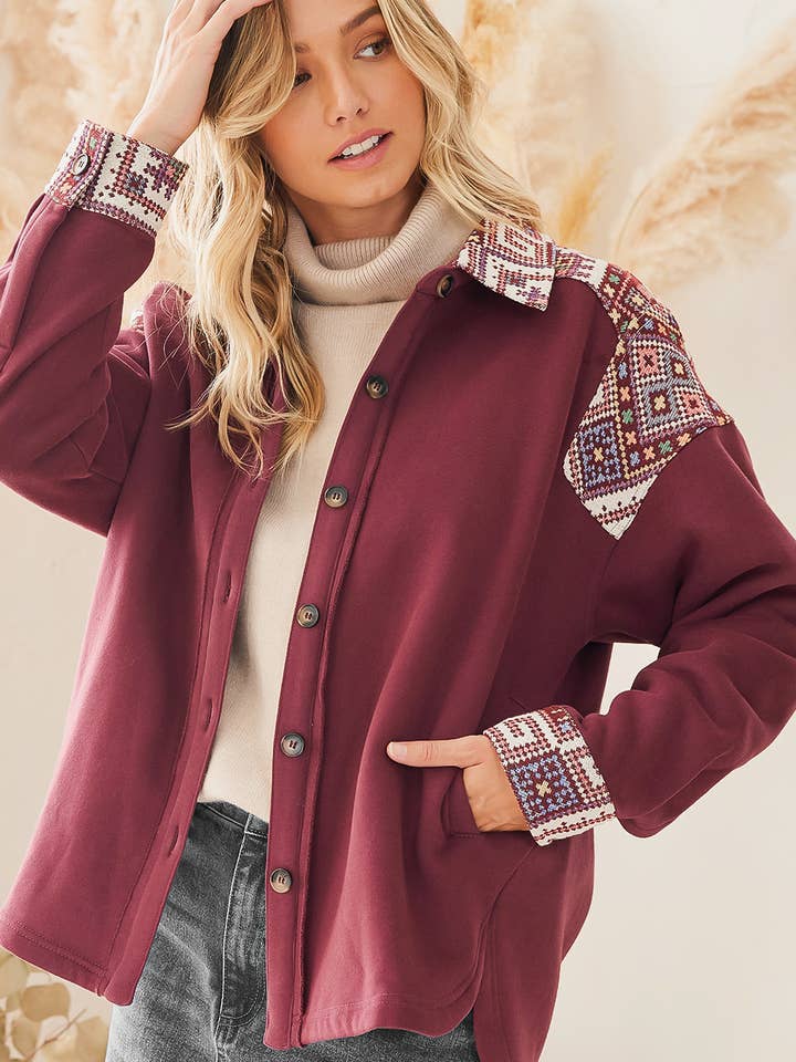 WESTERN EMBROIDERED BUTTON DOWN SHACKET WITH SIDE POCKETS for wholesale by Bluivy