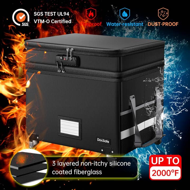 Black File Box with Lock, Multi-Layer Fireproof Document Box with Wheels,Collapsible Rolling File Storage Organizer Box with Pockets,Large Portable Home Office Filing Cabinet for Hanging Folders for wholesale on Faire