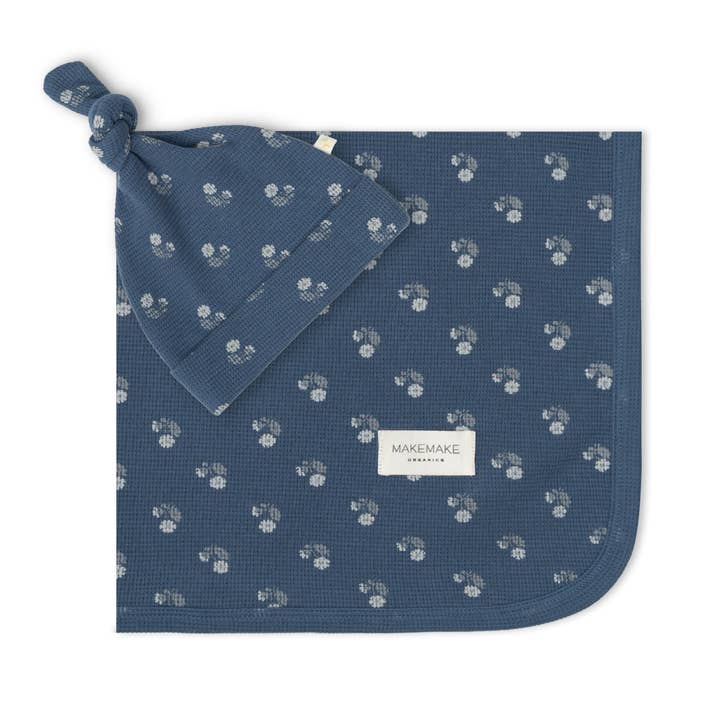 Organic Swaddle Blanket & Hat Set - Indigo Blossom for wholesale by Makemake Organics