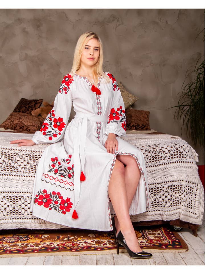 Galychanka - Venta al por mayor Vestido - Mujer - Vestido bordado blanco y rojo de bouquete parisino