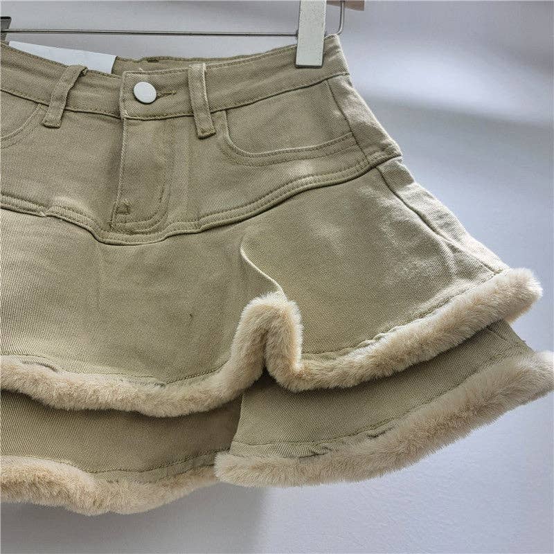 Sanyao Fashion – wholesale Skirt – Women’s – 1M260 Retro Fur-Trimmed Denim Layered Skirt for Autumn7