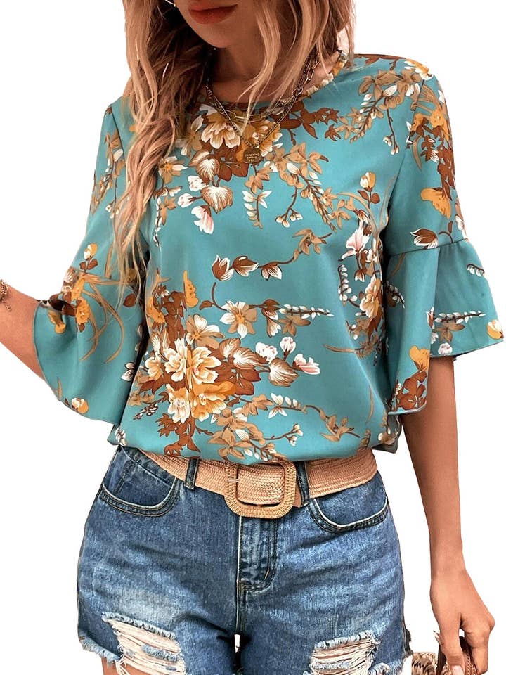 Flare Sleeve Floral Blouse for wholesale by Trendi Lady