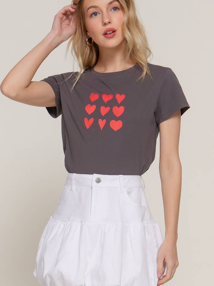 Short Sleeve Crew Neck Heart Printed Knit Tee for wholesale by Active Basic | Active USA