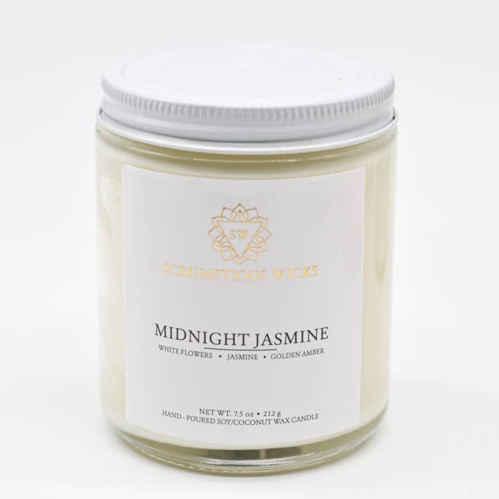 Midnight Jasmine 7.5oz soy/coconut wax glass jar candle for wholesale by Scrumptious Wicks