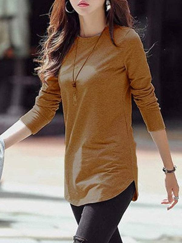 Sheer Trend - Wholesale Tunic - Women's - Long Sleeves Solid Color Round-Neck T-Shirts Tops2