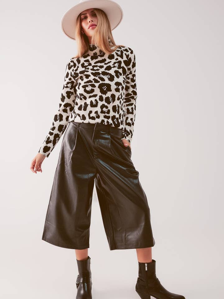 Faux leather wide leg culotte in black for wholesale on Faire