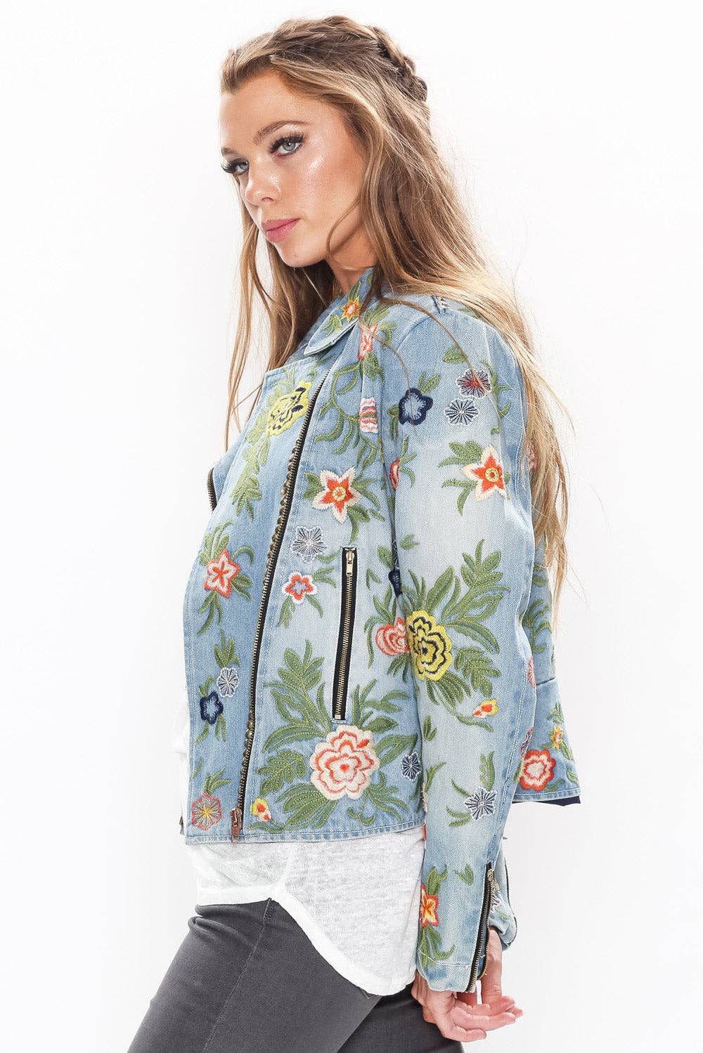Lucinda Embroidered Denim Motorcycle Jacket for wholesale on Faire30