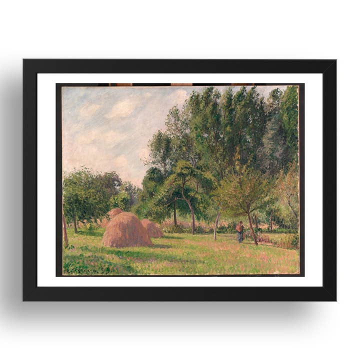 Camille Pissarro: Heuhaufen, Morgen, Eragny (1899), Vintage-Kunstwerk, A3-Größe Reproduktion Poster Druck in 17x13" Schwarzem Rahmen für den Großhandel von PERIOD PRINTS