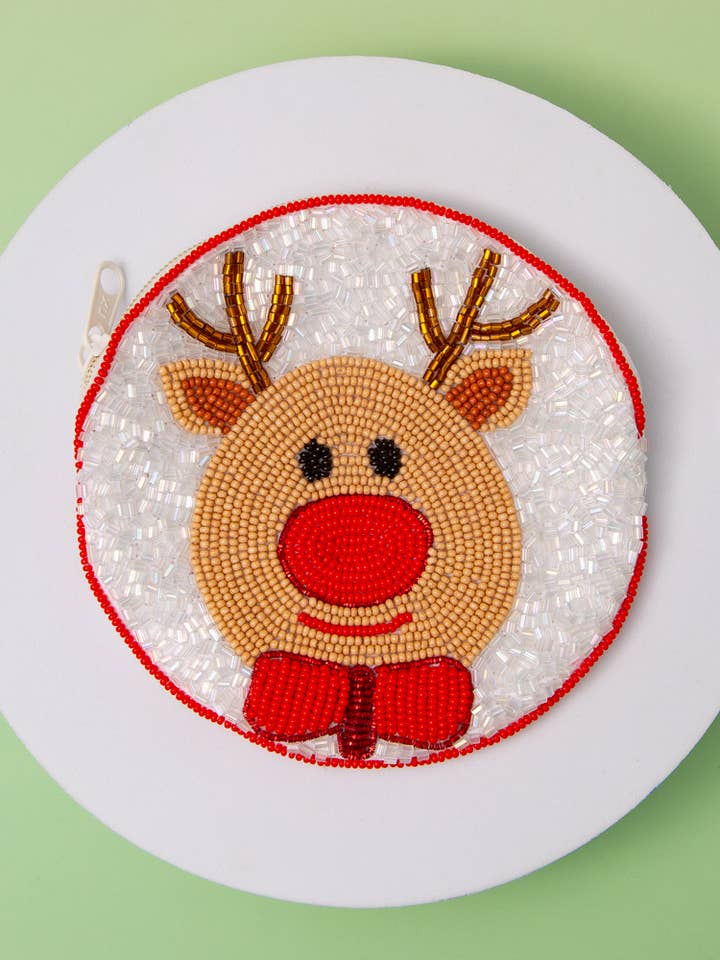Holiday Christmas Reindeer Seed Beaded Coin Bag for wholesale by SP Sophia Collection