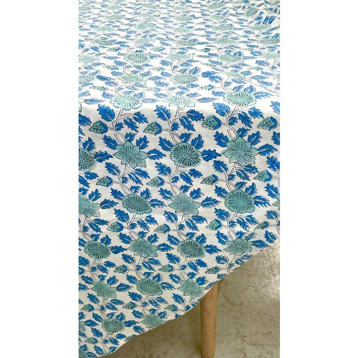 Turquoise /Blue Floral Block Print Round Tablecloth 180cm for wholesale by Status Collections