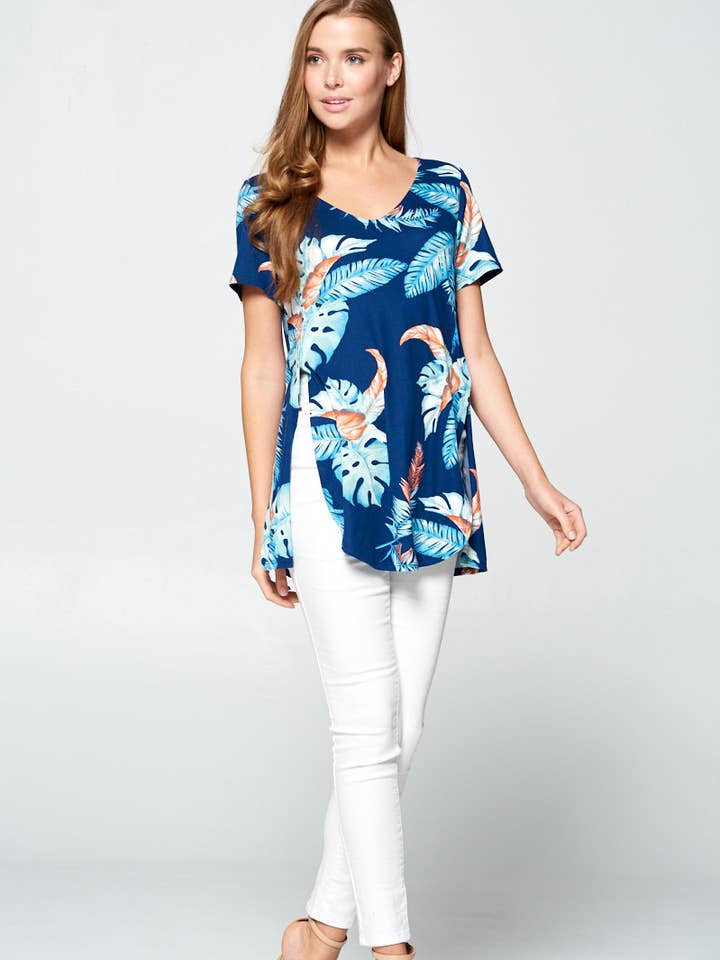 ETK-7618 Tropical Leaf V Neck Top for wholesale by Emerald Collection