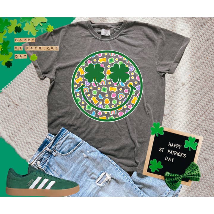 St Patricks Day Doodle Icons Happy Face Charcoal Tee for wholesale by The Red Rival Wholesale