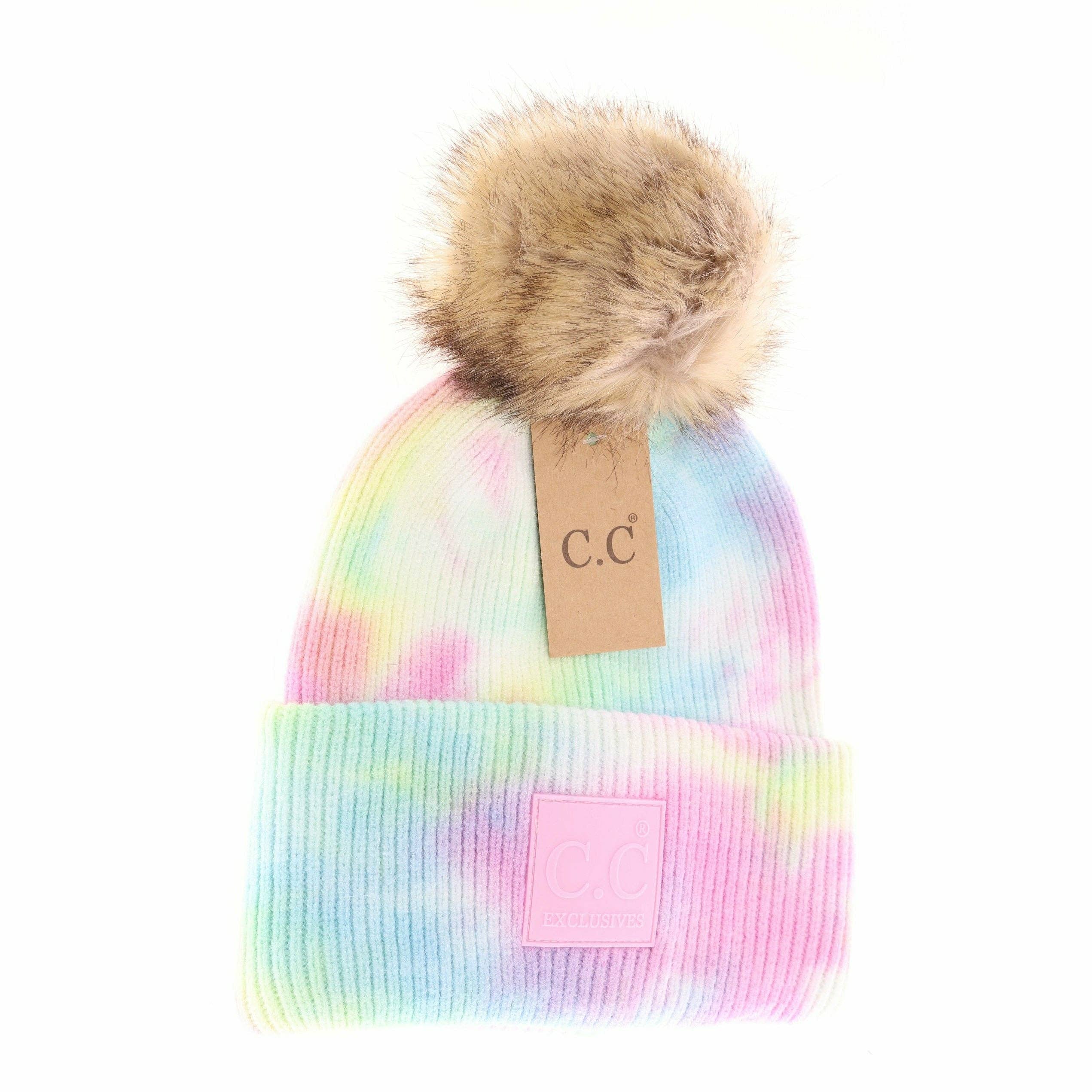 C.C Beanie – Großhandel Beanie – Damen – Batikmütze mit Pelz und Pompon C.C. HAT7380POM0