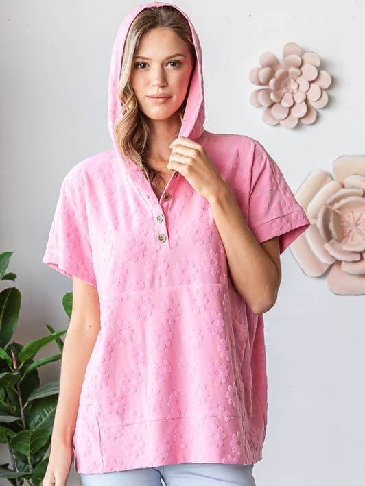 T5678HE11-Floral Jacquard Short Sleeve Hoodie Top for wholesale by Sunday Morning