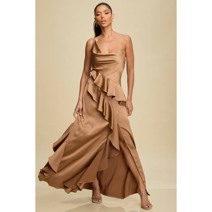 RUFFLE CASCADE SATIN GOWN for wholesale by Luxxel