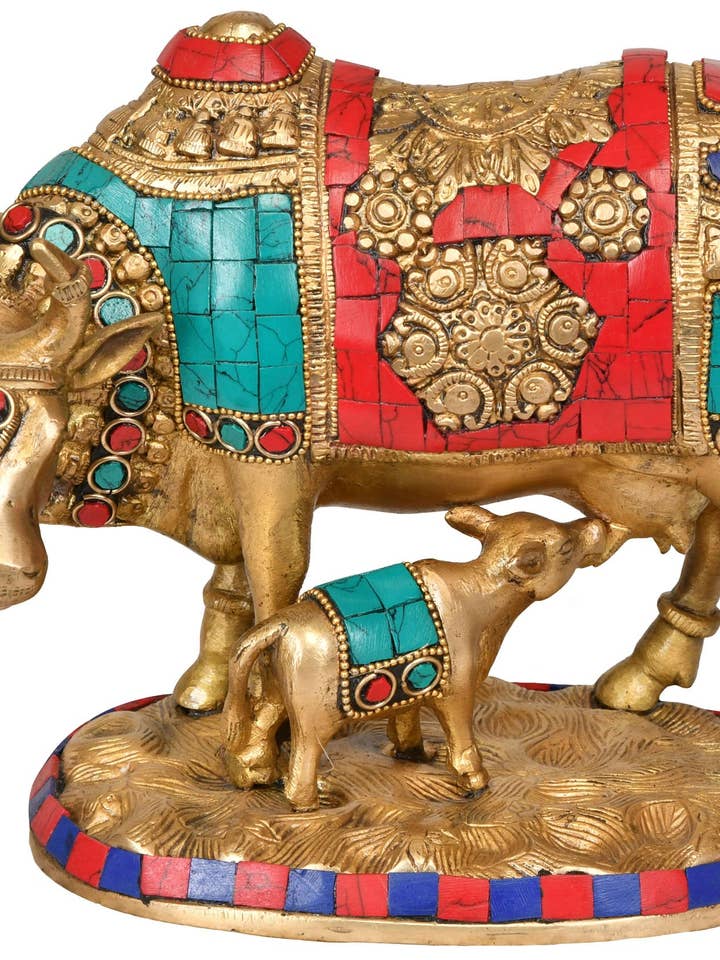 Statua in ottone con mucca e vitello da 20,3 cm, l'animale più sacro dell'India per la vendita all'ingrosso da parte di Exotic India Art