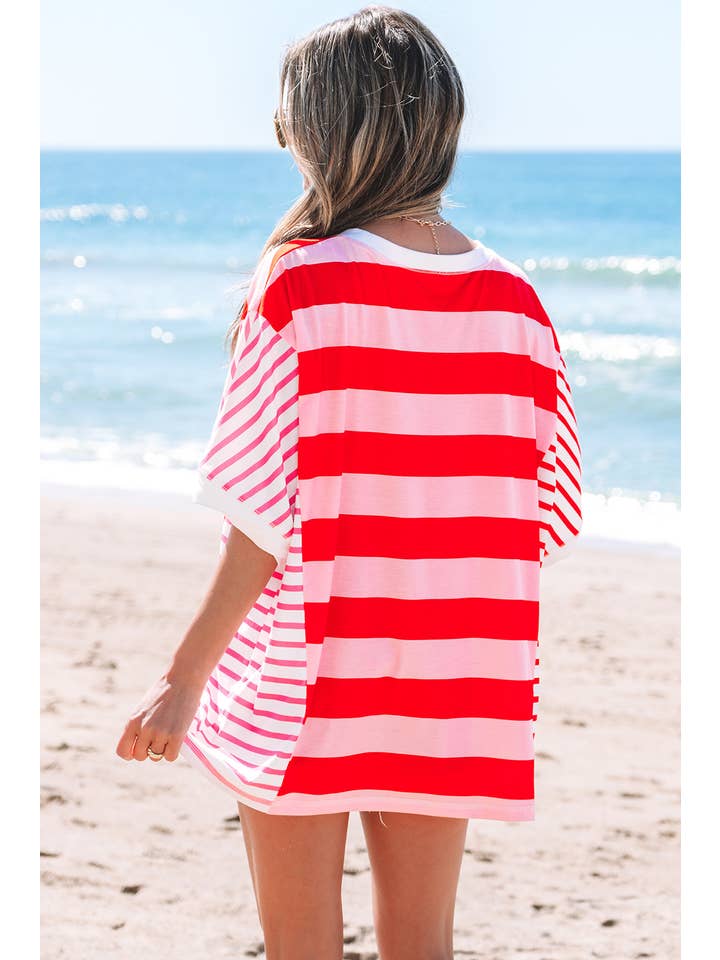 Pink LDC Patchwork Round Neck Side Split Loose T Shirt for wholesale on Faire