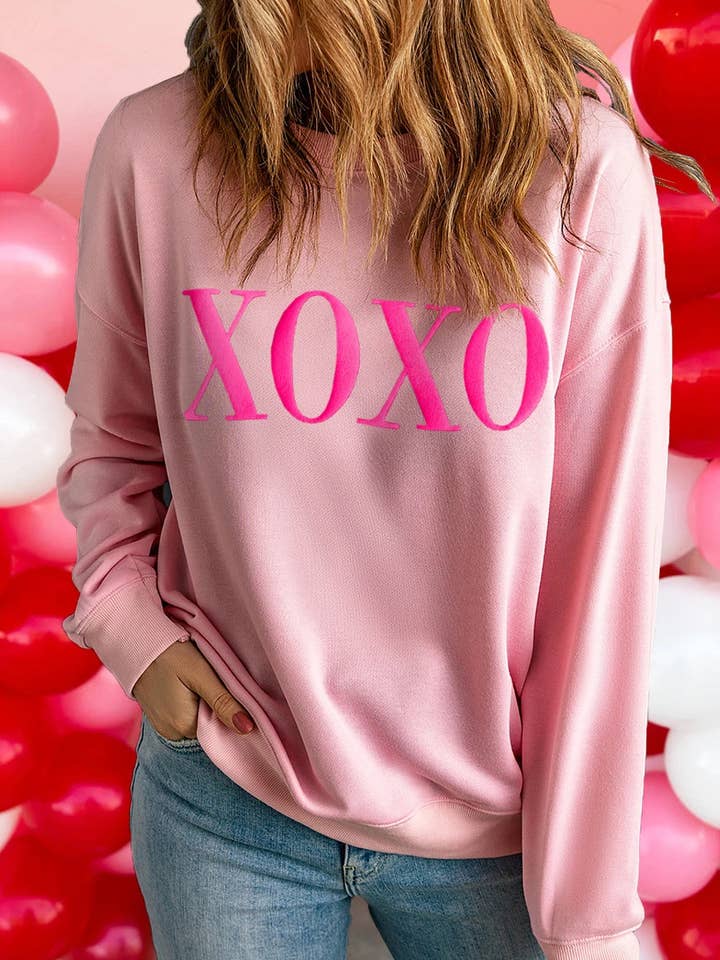 Pink XOXO Puff Print Drop Shoulder Pullover Sweatshirt for wholesale on Faire2
