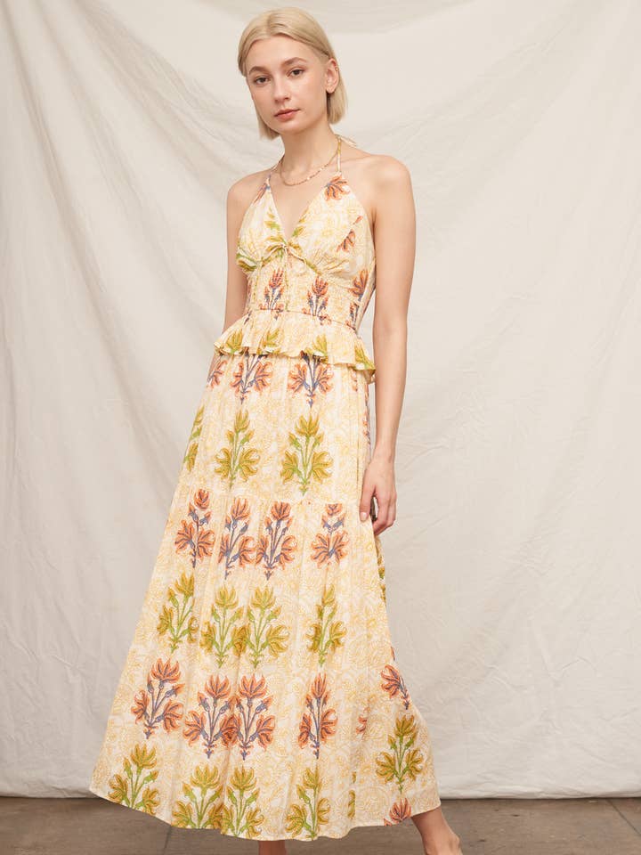 Ivory Yellow Printed Tiered Maxi Skirt for wholesale on Faire