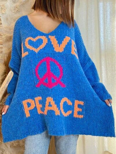 Peace Graphic V-Neck Long Sleeve Sweater for wholesale by ClassiQ