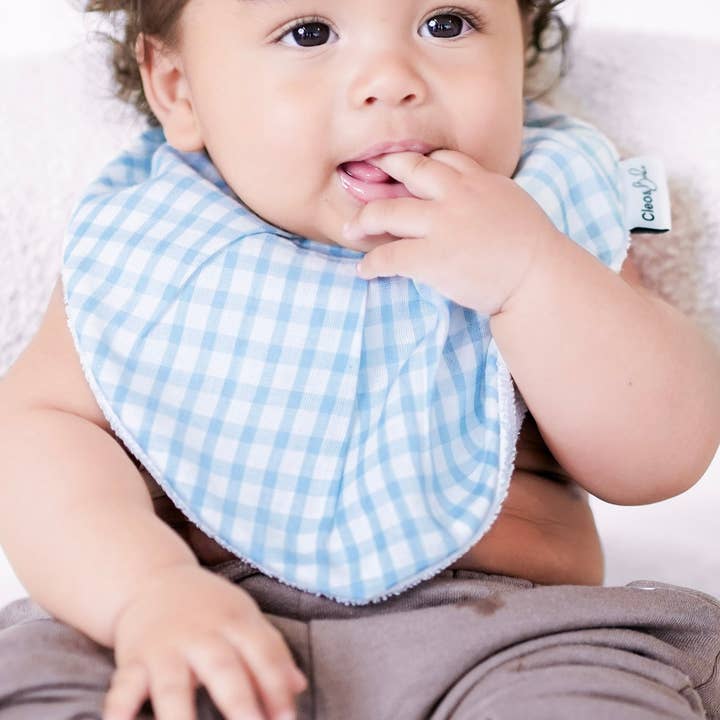 Waterproof Bandana Bib - Baby Blue Gingham for wholesale by Cleo & Bebe