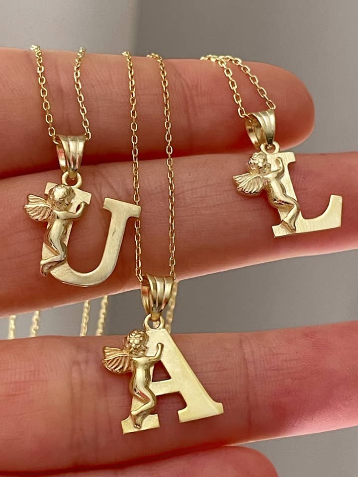 14K Gold Plated Angel Initial Letter Pendant Necklace for wholesale by Pharos Jewellery