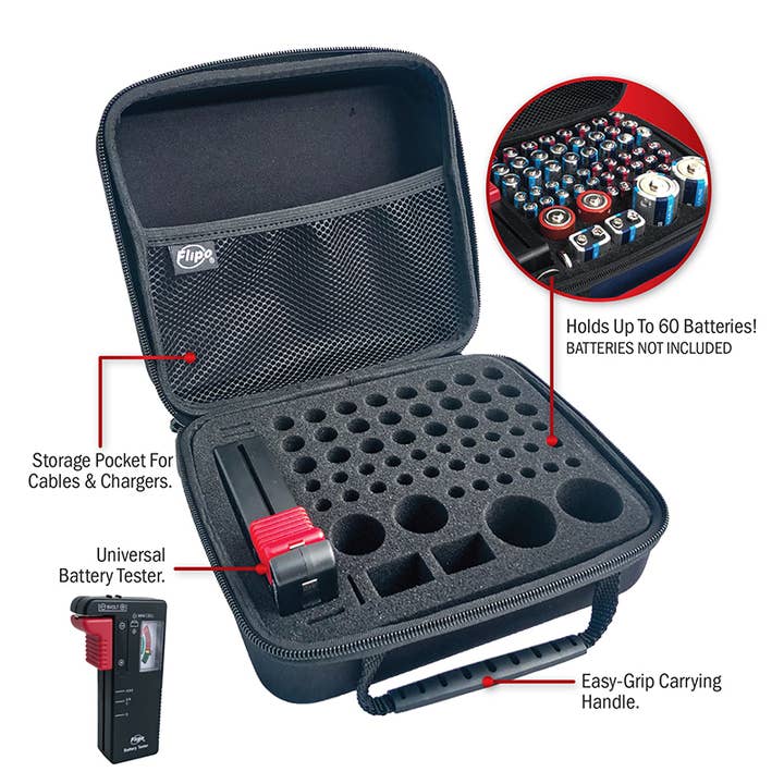 Flipo Group, Ltd. - Wholesale Small/Handheld Appliance - 60-compartment Fabric Battery Storage Case with Tester