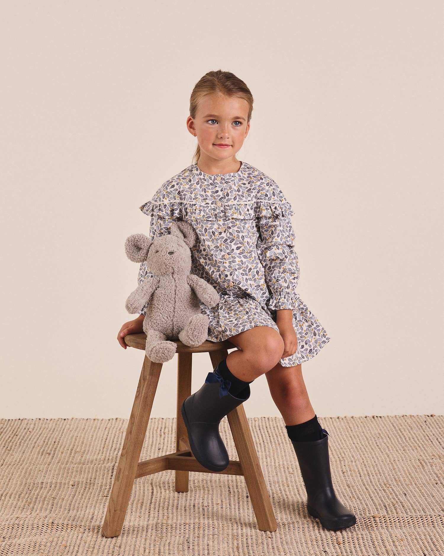 Dadati - Wholesale Dress - Kids - Girl's dress with blue and mustard leaf print1