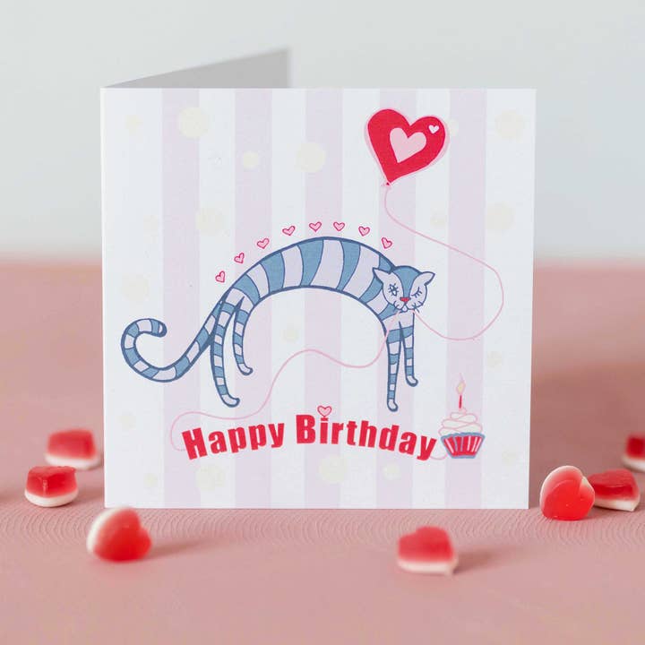 Kitten with Love Heart Balloon Happy Birthday Greeting Card for wholesale by Starshine Design by Julie Harris