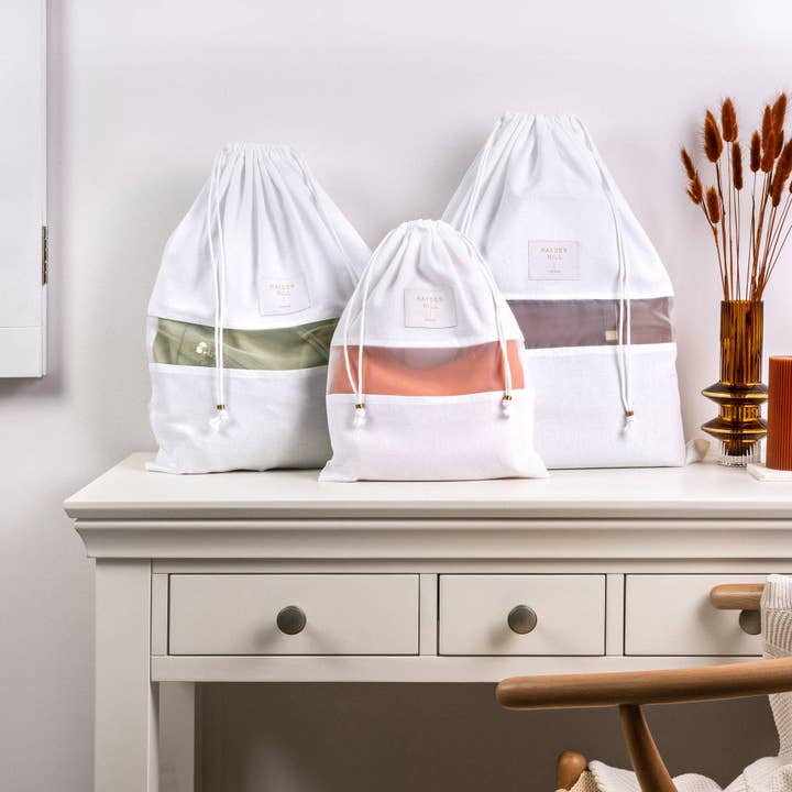 Luxury Organic Cotton Dust Bags - 3 Pack Mixed (Sml,Med,Lge) for wholesale by Hayden Hill US