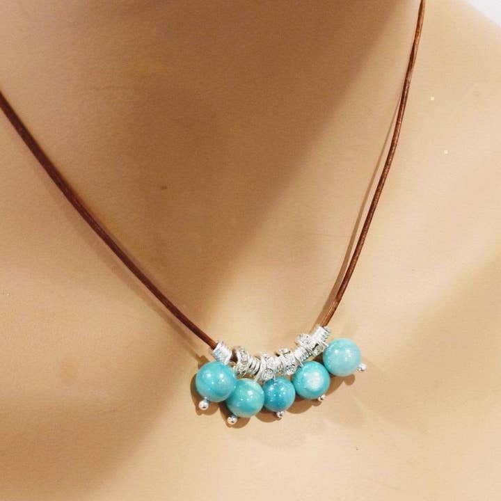 Alexa Martha Designs - Wholesale Pendant/Charm Necklace - Silver Green Blue Shell Bead Charm Leather Necklace