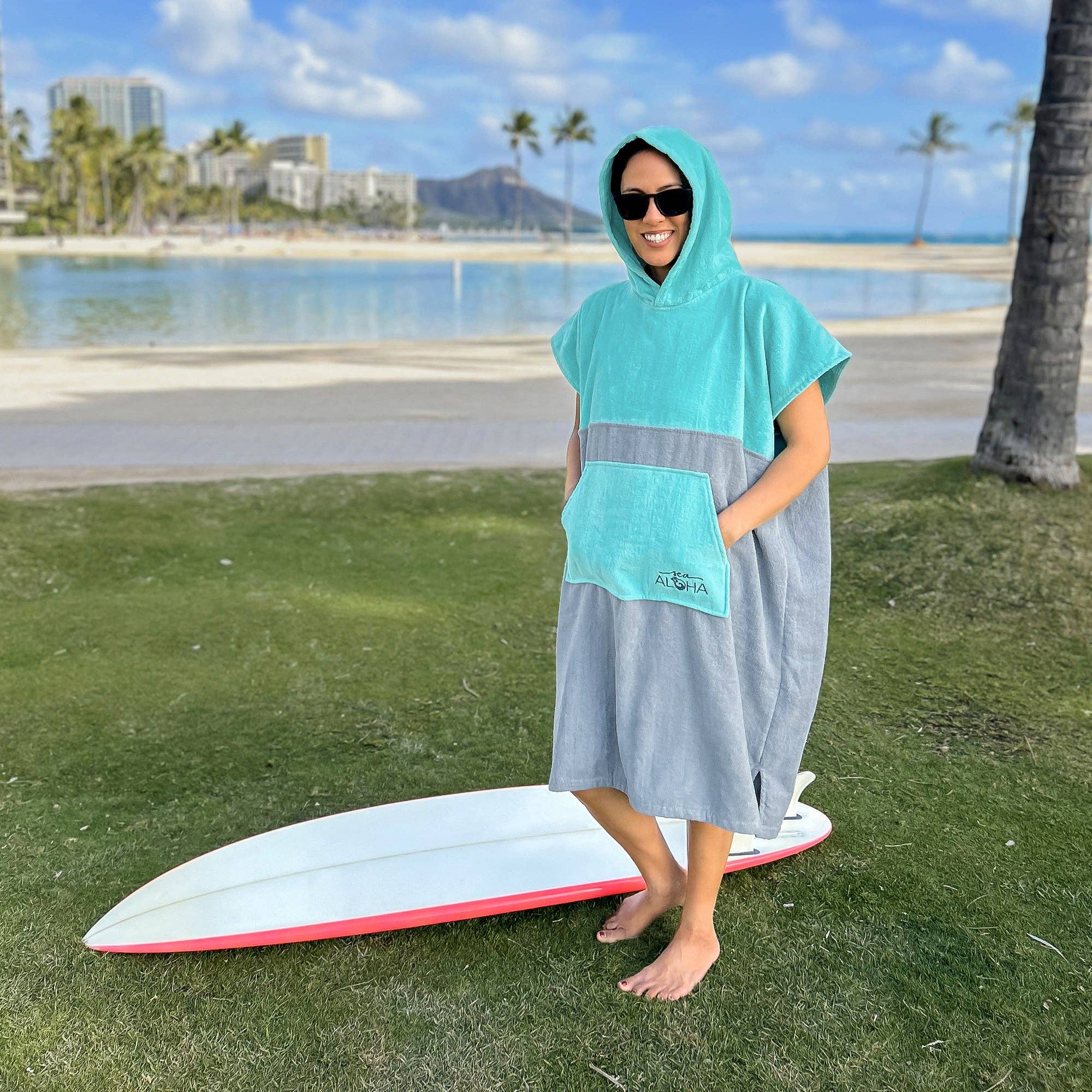 REMOVED BRAND - Wholesale Poncho - Unisex - Terry Velour Surf Poncho (Turquoise/Gray)6