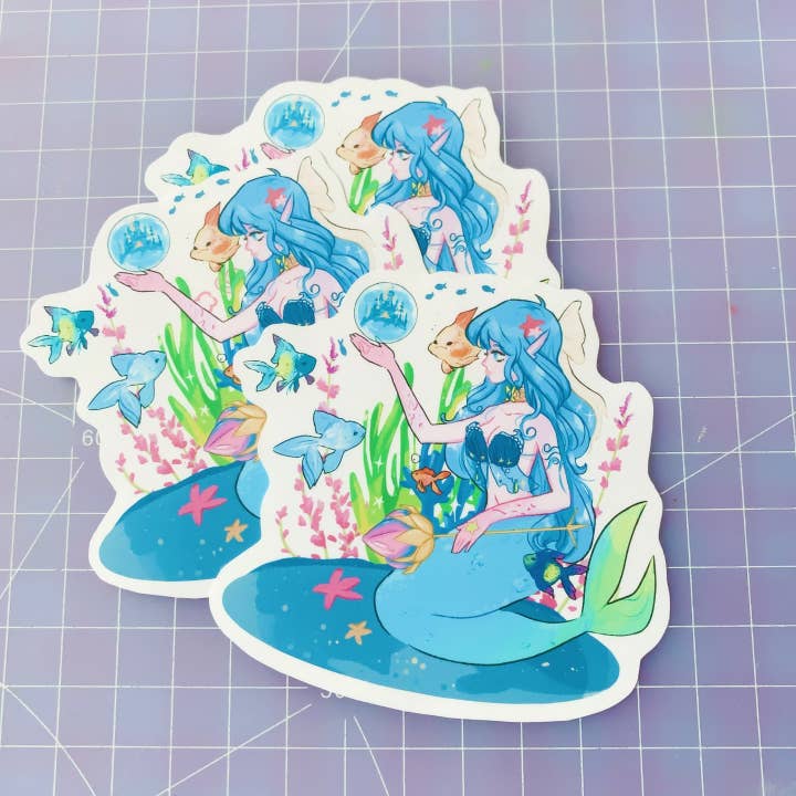 Autocollant original en vinyle Blue Mermaid, jolie fille fantastique pour la vente par Citrine Note