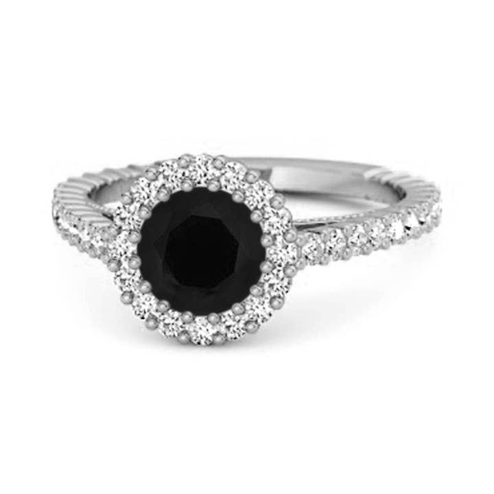 Anello di Eleganza Classica con Halo Pavé Rotondo in Spinello Nero - Argento Sterling per la vendita all'ingrosso da parte di Star Joya