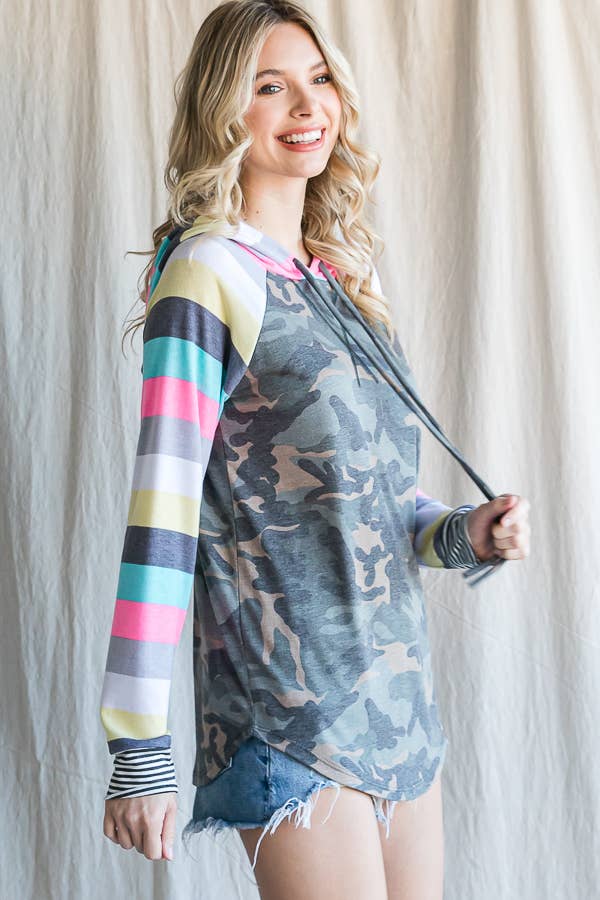 7th Ray - Wholesale Hoodie - Women's - Camo Print Stripe Raglan Sleeve Drawstring Hoodie T45492