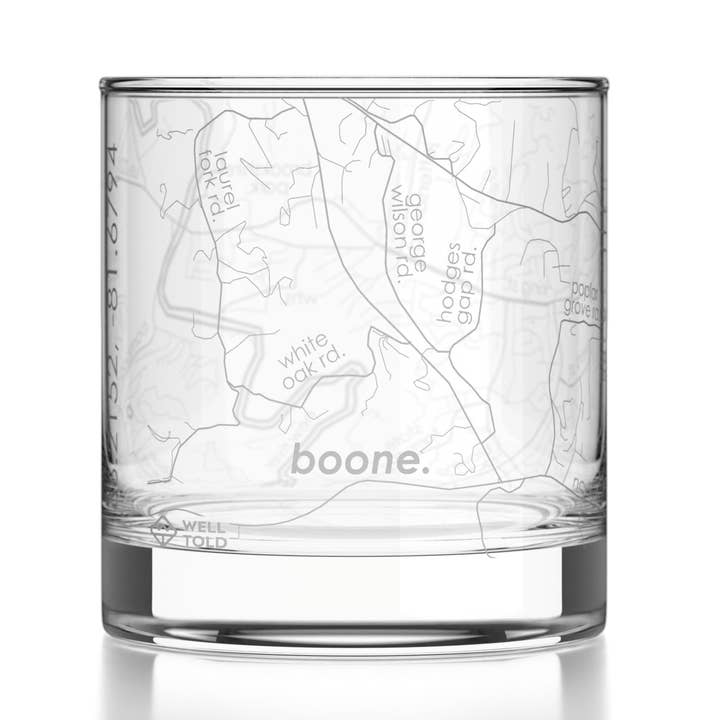 Boone, NC City Map - Etched Whiskey Rocks Glass for wholesale by Well Told