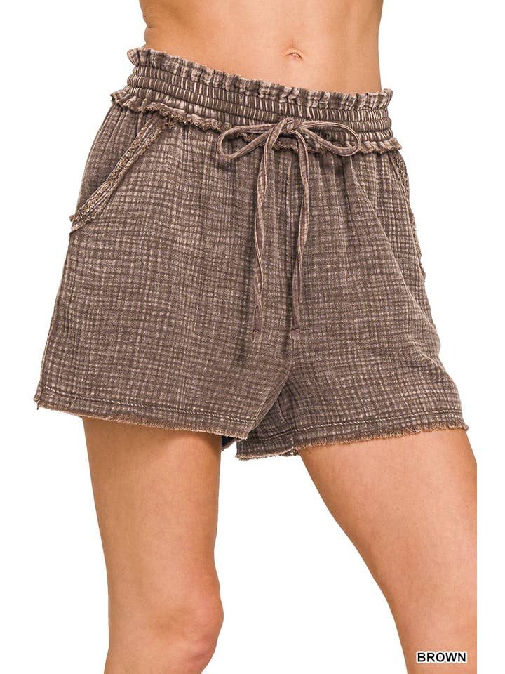 Vanilla Monkey - Wholesale Shorts - Women's - Washed Double Gauze Frayed Hem Drawstring Shorts