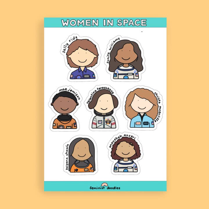 Foglio di adesivi Women in Space 10,2 x 15,2 cm per la vendita all'ingrosso da parte di Feminist Doodles