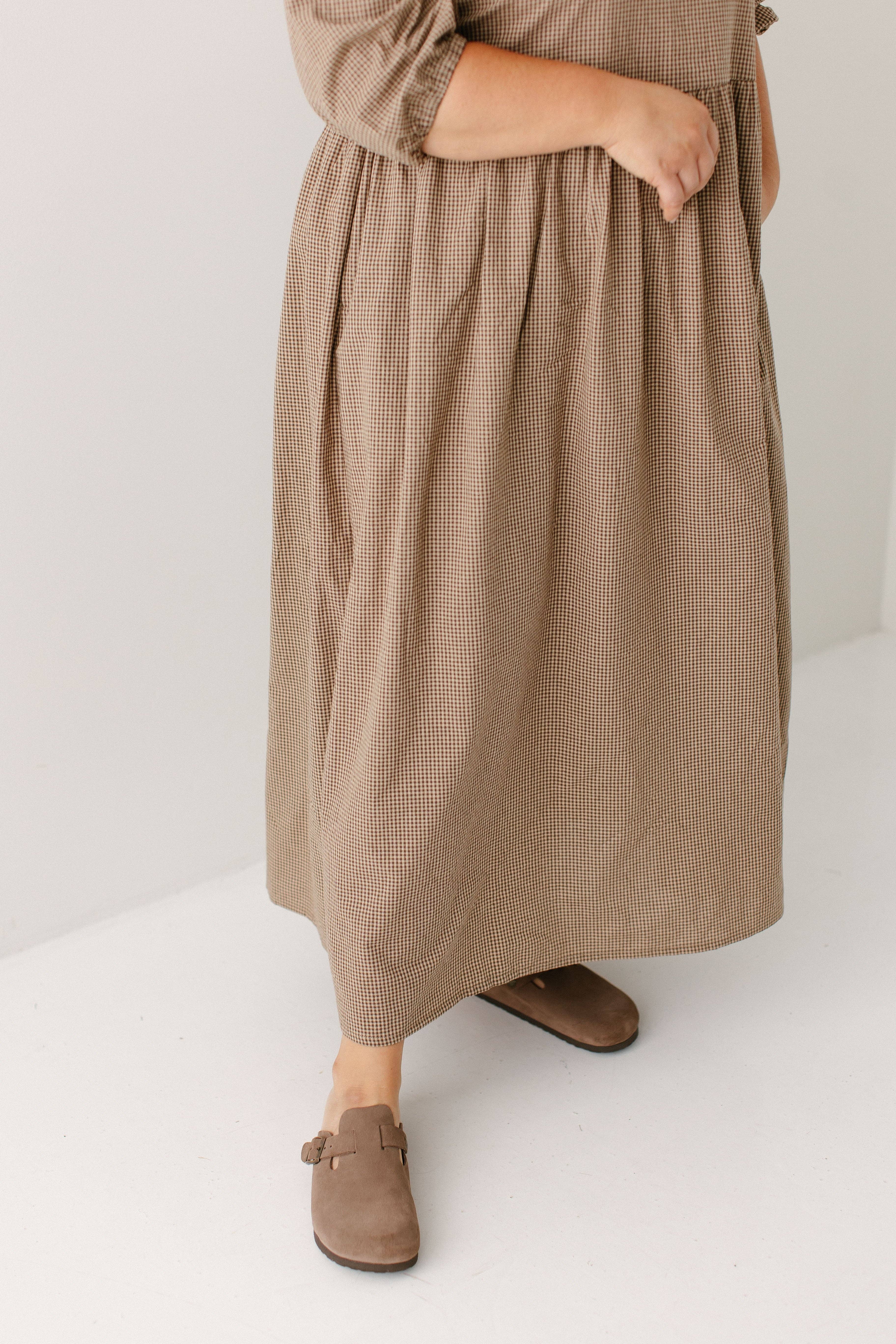 Brown 'Beth' Cotton Gingham Maxi Dress for wholesale on Faire10