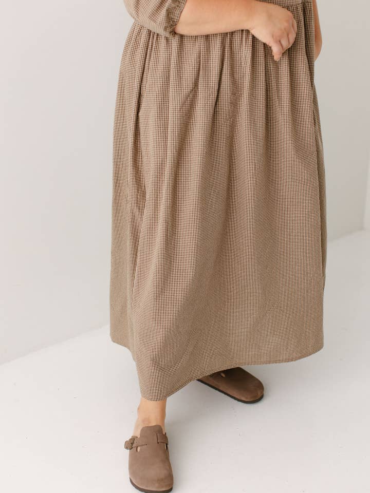 Brown 'Beth' Cotton Gingham Maxi Dress for wholesale on Faire10