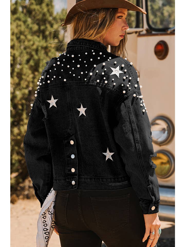 fashionworks - Wholesale Denim Jacket - Women's - Fashion-W Western Distressed Pearls Star Crop Denim Jacket