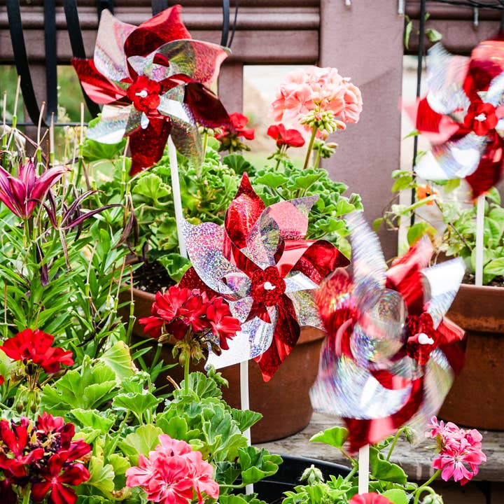 In the Breeze, LLC. - Wholesale Wind Spinner - Red & Silver Mylar Pinwheels - 8 PC
